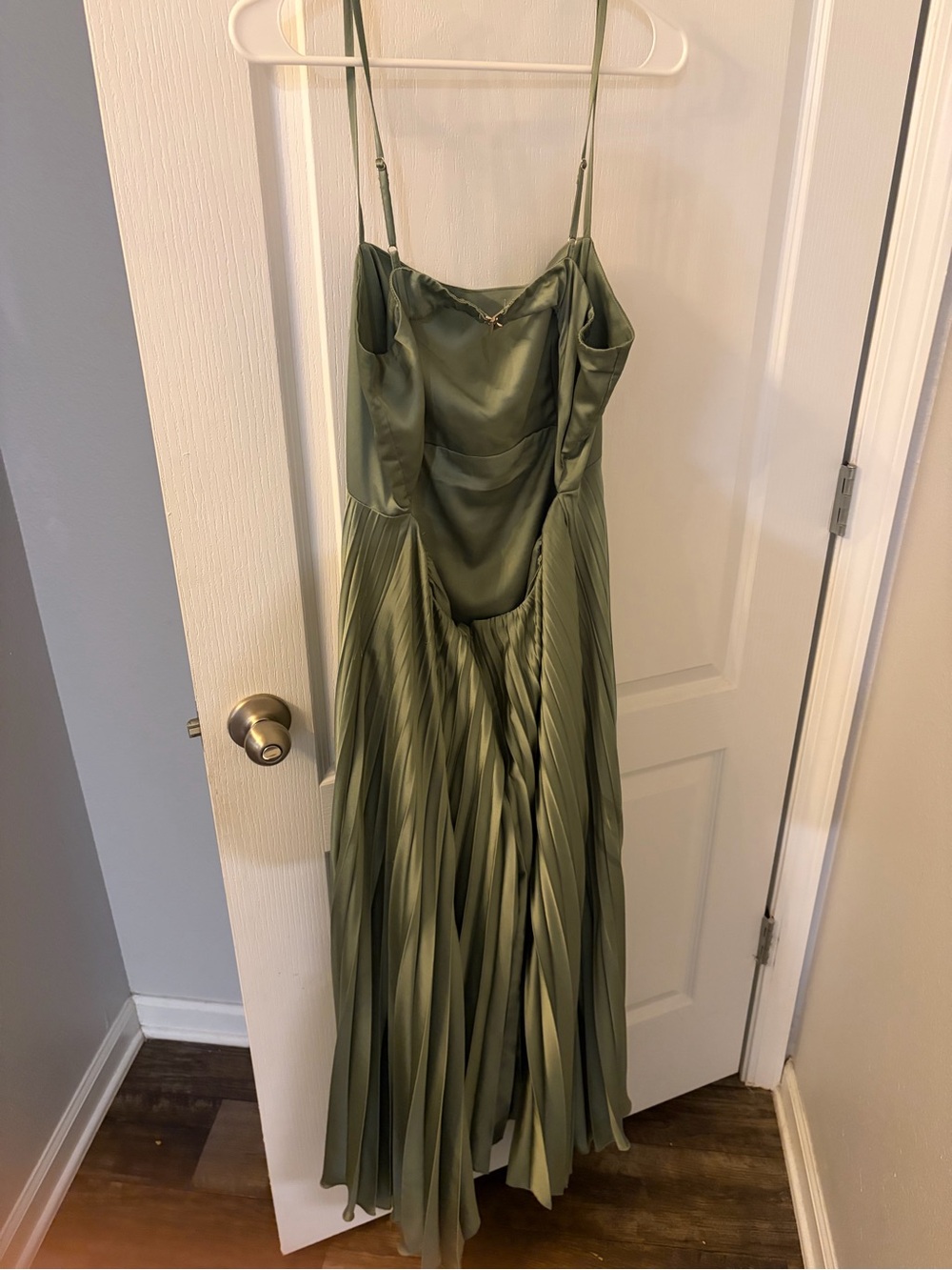 Abercrombie & Fitch Olive Green Satin Pleated Maxi Dress with Spaghetti Straps